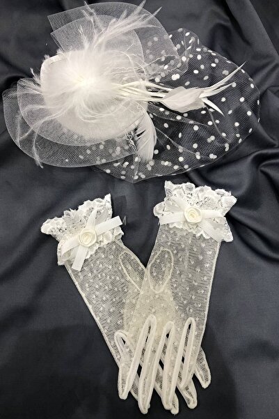 Limelia Beyaz Dantelli Eldiven-puantiyeli Vualet Nikah Şapkası