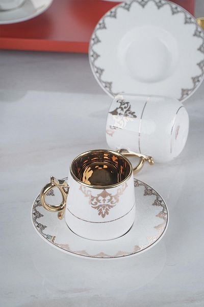 ACAR Helen Set of 6 Gold Cream 90 Ml Porcelain Coffee Cups 0101
