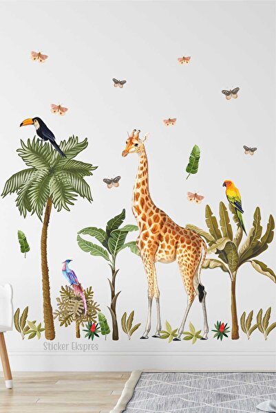 Sticker Ekspres Büyük Boy Tropikal Zürafa Çocuk Odası Duvar Sticker Seti