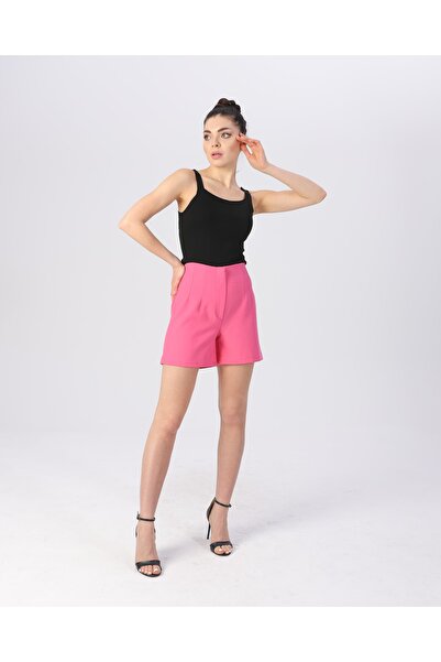 purple pi شورت نسائي قصير عالي الخصر ومخيط من الأمام باللون الوردي