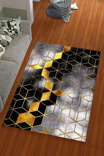 Miray Tekstil Digital Print Silk Gold Colored Pyramid Pattern Elastic Carpet Cover