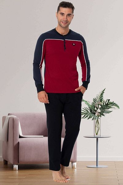 Lohussa Claret Red Buttoned Front Long Sleeve Cotton Large Size Men's Pajama Set