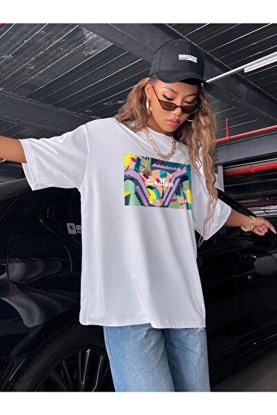 YUVEST Tricou alb cu imprimeu supradimensionat din bumbac pentru femei