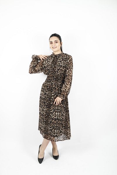 VERA LİFE Rochie midi din șifon leopard, cu mâneci în talie și detaliu gât