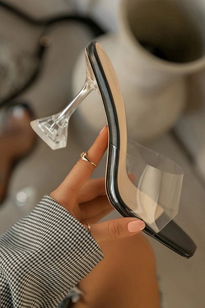 TrendyAnka Women's Black 8 cm Transparent Heeled Blunt Square Toe Stiletto Shoes Slippers