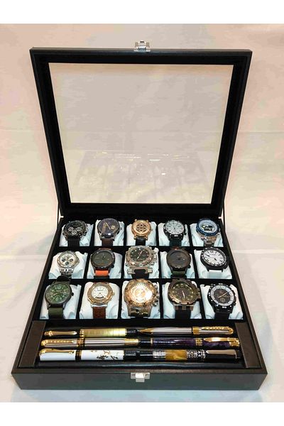 Kelepir Fırsatlar 15-Eye Leather Watch Stand And Bracelet Necklace Jewelry Ring Earring Storage Box With Glass Lid