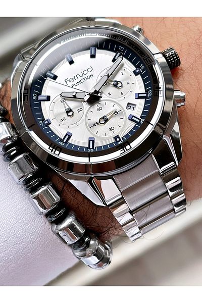 Ferrucci Silver Color Metallic Dial Functions Active Men's Wristwatch + Hematite Natural Stone Bracelet Gift