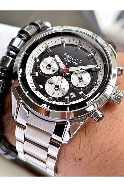 Ferrucci Silver Color Black Dial Functions Active Men's Wristwatch + Hematite Natural Stone Bracelet Gift