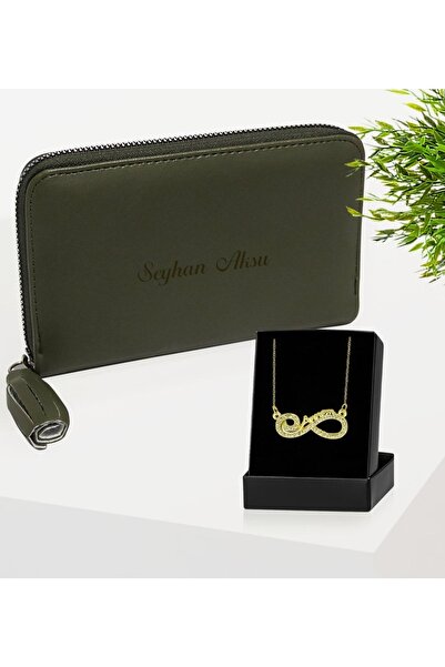 Bk Gift Kişiye Özel Isimli Haki Deri Kadın Cüzdan Ve Sonsuzluk Annem Kolye He...