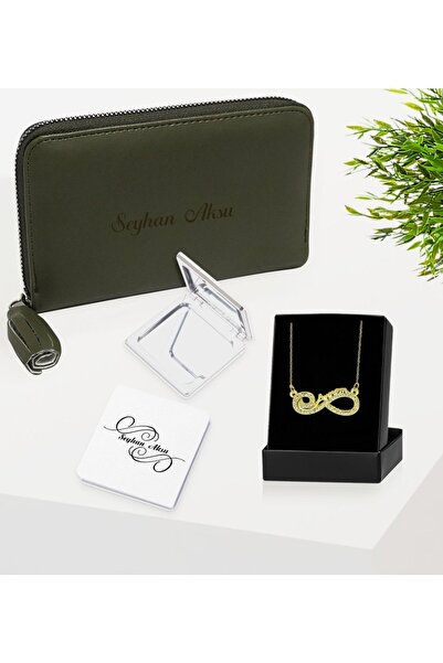Bk Gift Kişiye Özel Isimli Haki Deri Kadın Cüzdan Cep Aynası Ve Sonsuzluk Annem Kolye Hediye Seti