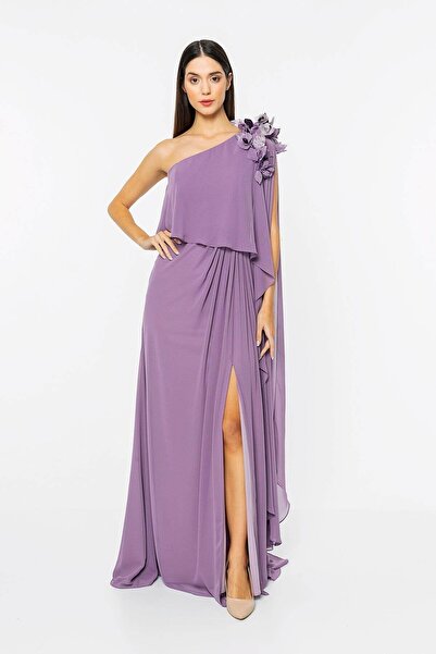 INVIDIA Tek Omzu Açık Yırtmaçlı Şifon Abiye Elbise