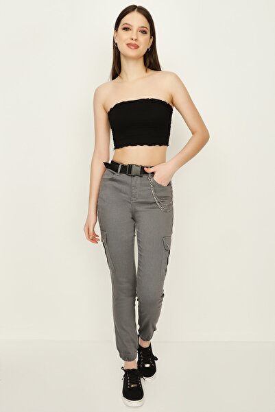 Select Moda Kadın Füme Kemerli Zincir Detaylı Paçası Lastikli Kargo Pantolon