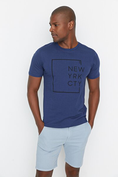 Trendyol Collection Tmavě fialové pánské tričko Slim Fit s krátkým rukávem a ...