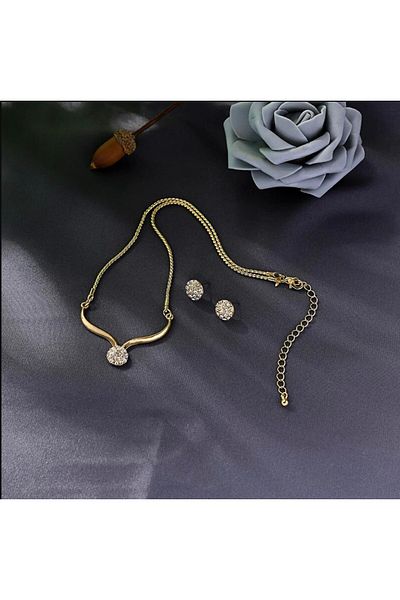 Takıtolia Medusa - Gold Colored Jewelled Necklace and Earring Gift Simple Stylish Jewelry Set