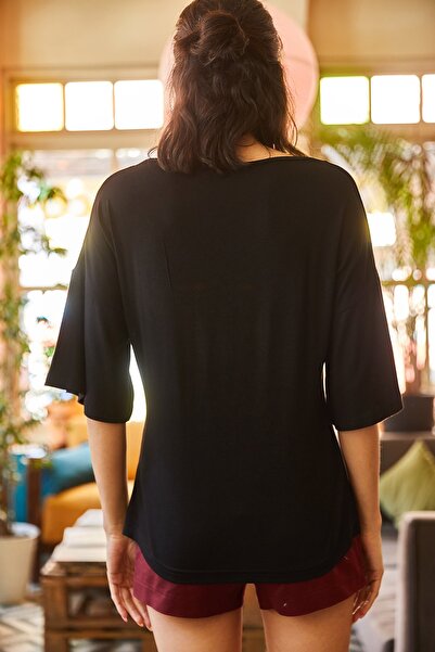 Olalook Γυναικείο μαύρο μανίκι με λαιμόκοψη με λεπτομερή πλεκτή Viscon μπλούζα BLZ-19001895