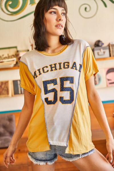 Olalook Tricou tricotat cu piese alb-muștar pentru femei TSH-19000635