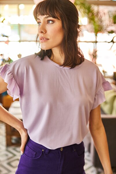Olalook Damska koszulka na ramiączkach z marszczonymi rękawami w kolorze liliowym TSH-19000417