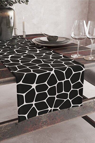 Vagonik Siyah Beyaz Desenli Dijital Baskılı Runner 140x40