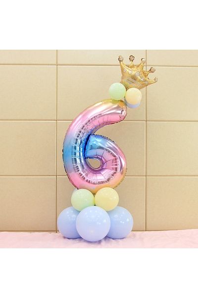 PARTİAVM Unicorn Theme Number Balloon Welcome Set 6 Year Old Rainbow Colors 6 Number Balloon with Gold Crown