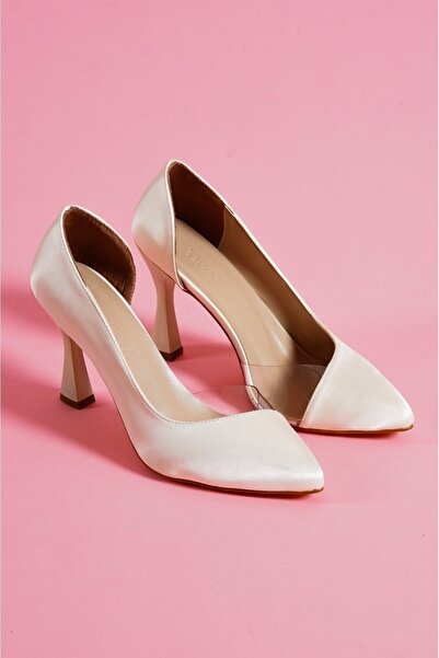 DİVOLYA Violet Beige Satin Toe Transparent Detailed Daily Use Stiletto