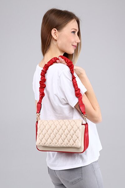 Morpelikan Women's Quilted Embroidered Cream Red Shoulder Bag with Adjustable Shoulder Strap