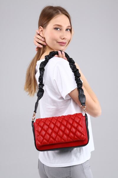 Morpelikan Women's Quilted Embroidered Red and Black Shoulder Bag with Adjustable Shoulder Strap