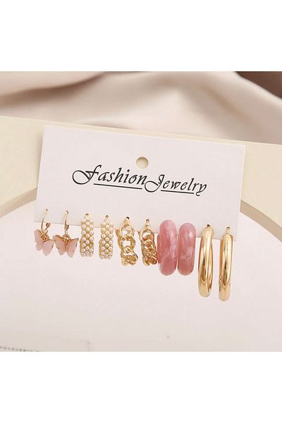 Takıtolia Pinkfly Acrylic And Pearl Gold Gold Hoop Multiple Earrings Set