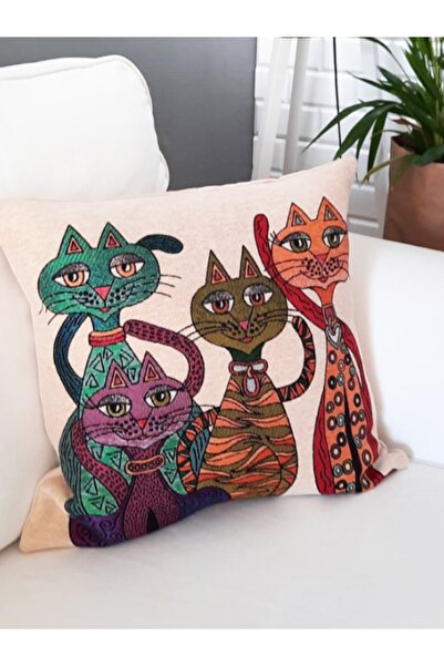Körfez Kırlent Goblen Dokuma Kırlent Kılıfı 4 Kedi 43x43cm