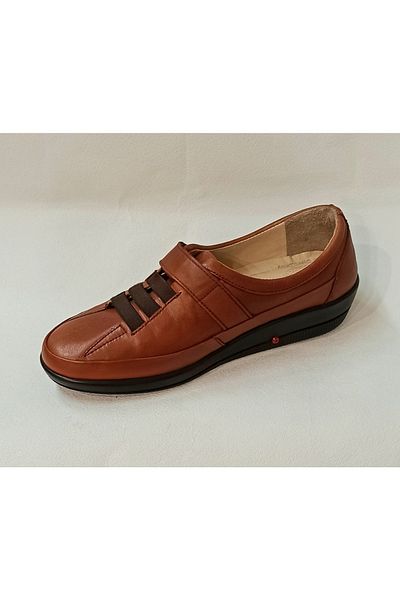 MARY JANE Women's Genuine Leather Orthopedic Diabetic Air Conditioned Sole Elastic Tan Velcro Shoes