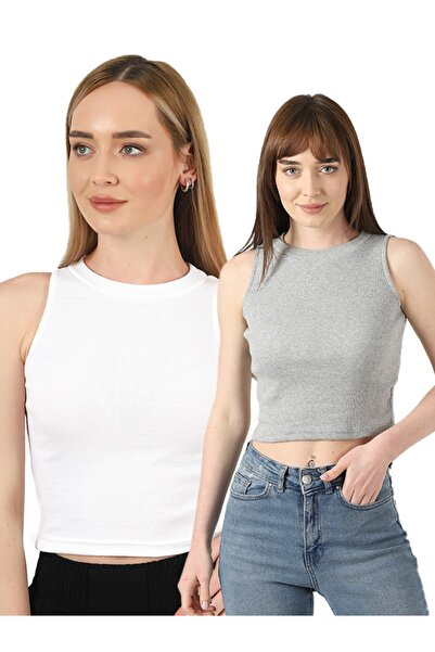 TİODES Γυναικεία λευκή γκρι λαιμόκοψη 2 τεμαχίων Crop μπλούζα