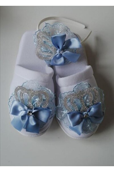 CAN BUTİK Blue Laced King Crowned Maternity Slippers and Crown