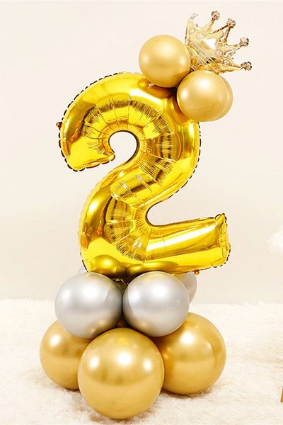 PARTİAVM Number Balloon Welcome Set Age 2 Number Balloon Gold King Crowned 2 Number Balloon