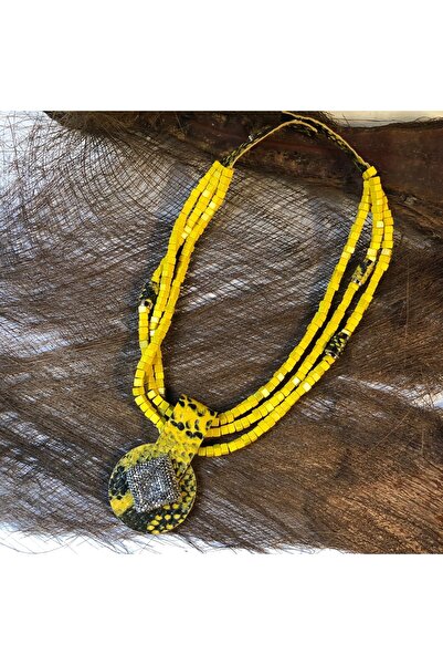 AGG TASARIM Sarı Boncuklu Deri Uzun Kolye