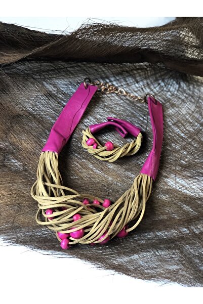 AGG TASARIM Pembe Boncuk Detaylı Deri Renkli Takım