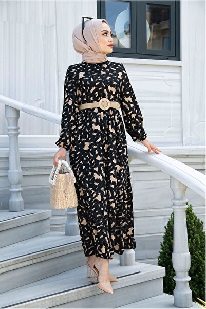 Bestenur فستان حجاب فيردا مع تنورة مكشكشة وحزام من القش 264 - أسود