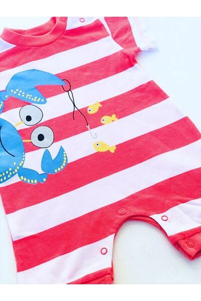 Carmin Baby Crab Lacoste Crab Patterned Striped Snap Jumpsuit