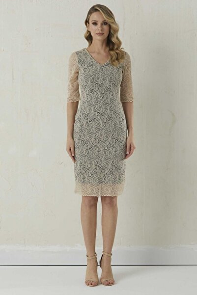 Selen Giyim V Yaka Güpürlü Renkli Astar Elbise