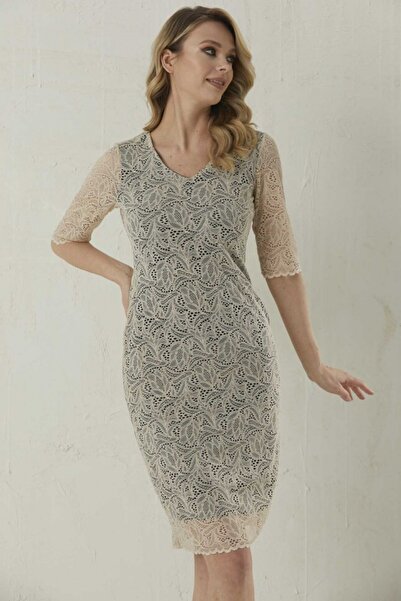 Selen Giyim V Yaka Güpürlü Renkli Astar Elbise