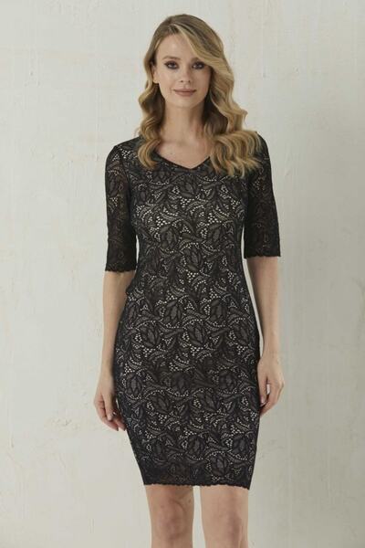 Selen Giyim V Yaka Güpürlü Renkli Astar Elbise