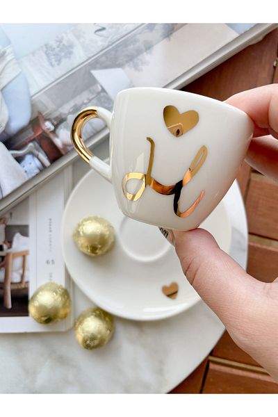 Mugtasarım 24k Gold Gilded Porcelain Turkish Coffee Cup - Letter H