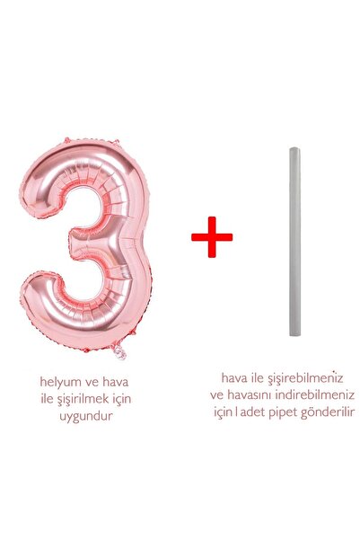 PARTİAVM Rose Gold Number Balloon Age 3 Medium Size 76cm Dried Rose Metallic Number Balloon