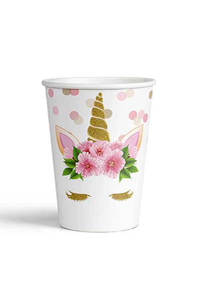 Party City 8-Person Cardboard Plate-Cup Floral Unicorn Set
