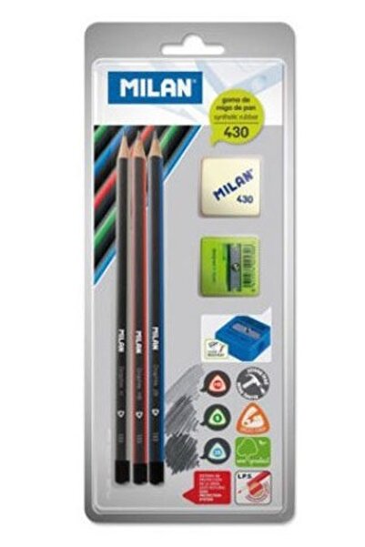 Milan 3 Üçgen Kurşun Kalem+1 Kalemtraş+1 Silgi Blister