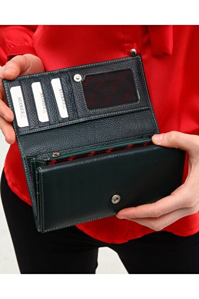 DERKON Portofel de dama verde cu husa dubla cu flori de viata