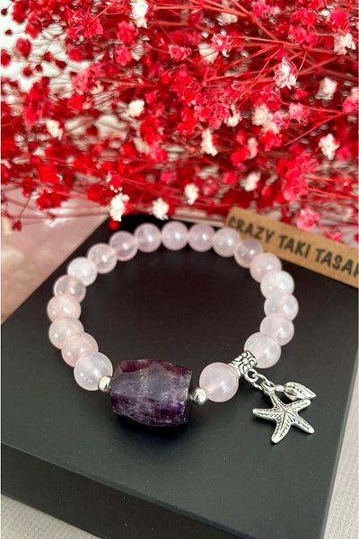 CRAZY TAKI TASARIM 8 Mm Pink Quartz & Amethyst Natural Stone Bracelet