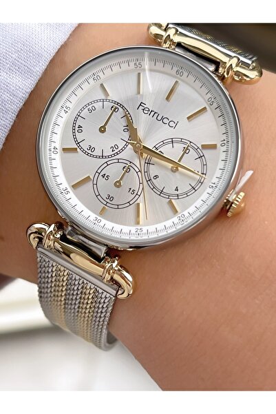 Ferrucci ساعة يد نسائية ذهبية وفضية مزدوجة اللون كلاسيكية بحزام شبكي