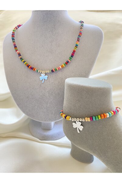 İlraysa Renkli Boncuklui, Yonca Figürlü Kolye Ve Halhal Seti