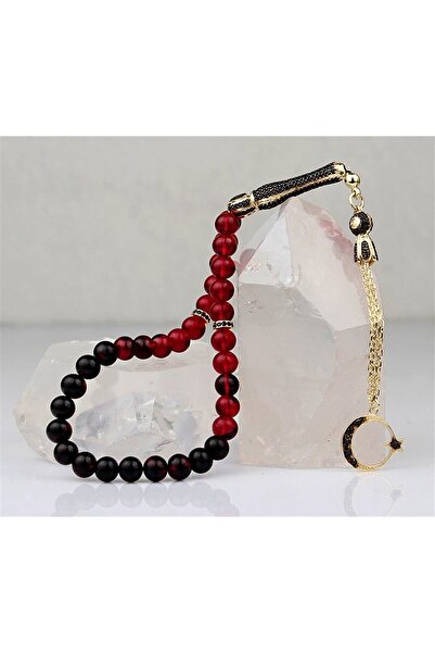 Takılingo Silver Amber Prayer Beads with Red Zircon Stone and Crescent and Star