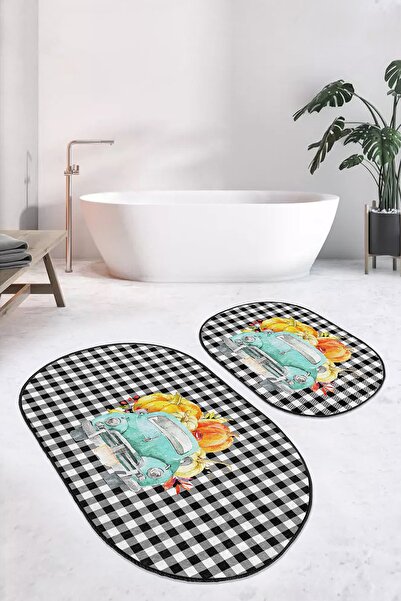 Realhomes طقم سجادة مطبخ بيضاوية مكونة من قطعتين بتصميم سيارة منقوشة باللون ا...