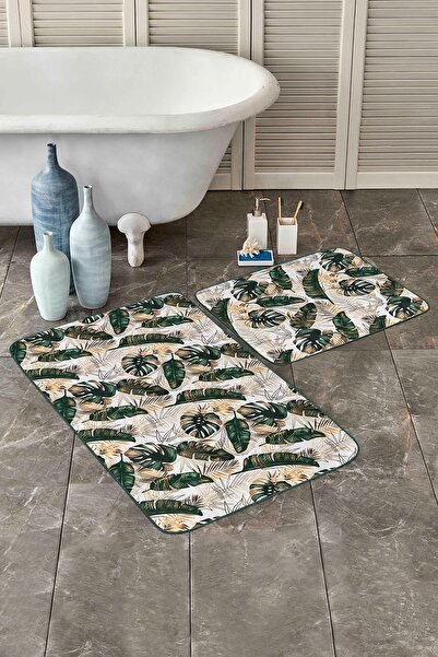 Realhomes طقم سجاد حمام مكون من قطعتين بتفاصيل ذهبية على شكل أوراق استوائية و...